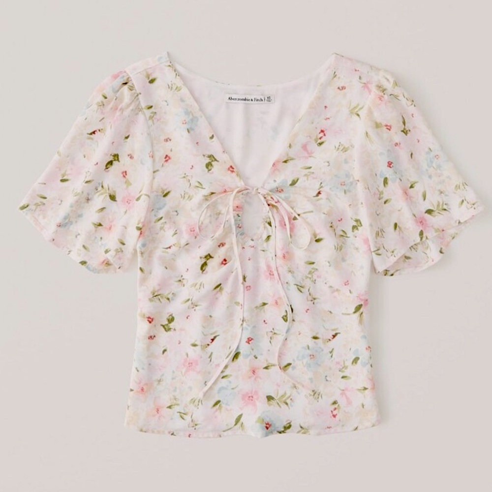 Abercrombie & Fitch Floral Flutter Sleeve Tie- Front Keyhole Strappy Blouse XS